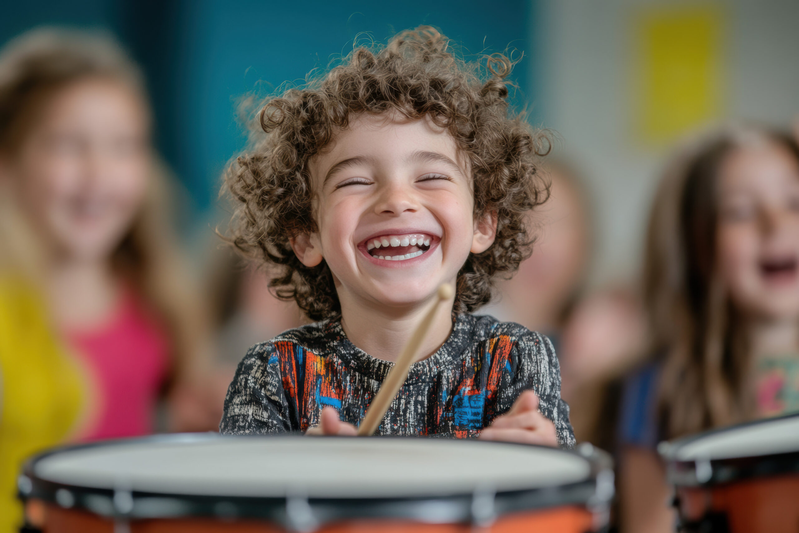 Happy Child Playing Drums.